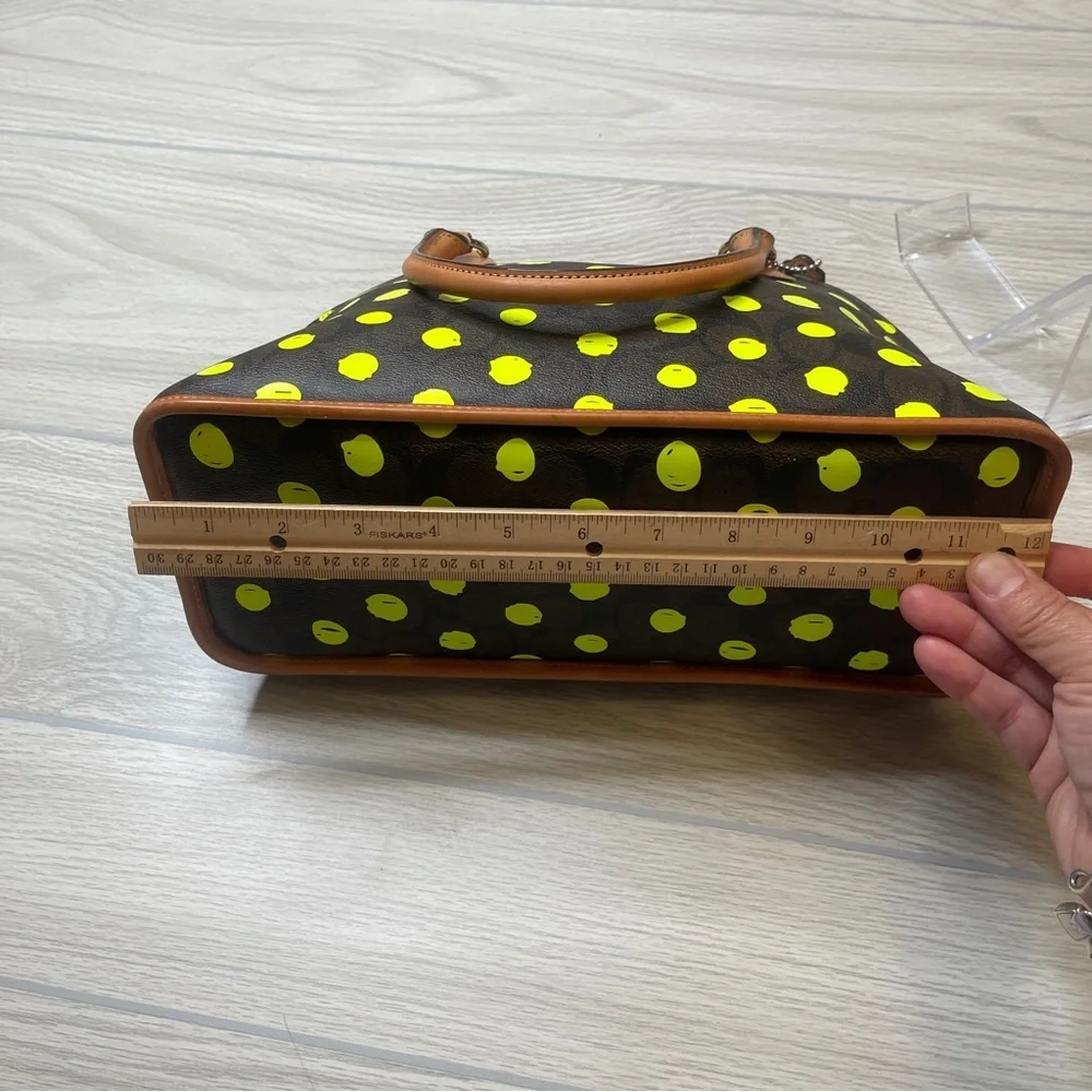 Coach Cora Dome Satchel Purse Signature Canvas Neon Yellow Dots w/Leather Trim - Picture 13 of 15